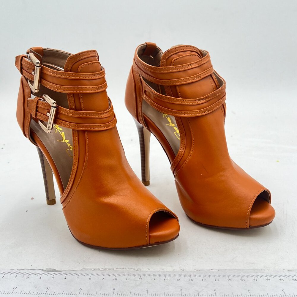 XYD Brown Peep Toe High Heels Buckled Double Straps Cutout Ankle Bootie